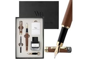 Wordsworth & Black Fountain Pen Set, Luxury Bamboo Wood - Medium Nib, Extra Fine Nib, Gift Case; 25ML Black Ink Bottle, 6 Ink Cartridges, Refill Converter - Calligraphy, Writing [Brown Wood]