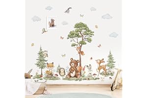 wondever Adesivi Murali Animali Foresta Albero Grande Sticker da Muro Cervo Orso Volpe Pino Adesivi da Parete per Camerette Bambini Asilo Nido