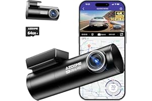 AZDOME 4K+1080P Cámara de Coche 5Ghz WiFi GPS Control de Voz Dashcam con 170° Gran Angular, Visión Nocturna, Grabación en Bucle, Sensor G, Modo Estacionamiento 24H, Tarjeta de 64G(M300S)