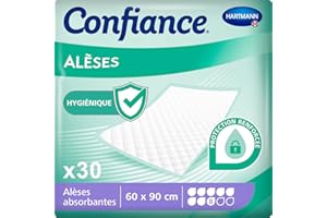 Confiance® Alèse - Alèses pour la protection de la Literie ou du Fauteuil - Niveau d'Absorption = 8 gouttes - Dimensions = 60 x 90 cm - 30 unités