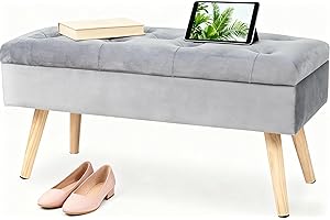 ‎HAWTHYHOME Hawthyhome Sitzbank mit Stauraum 80 × 35 × 43 cm, Sitztruhe mit Aufbewahrungsbox Truhenbank Samt Polsterbank mit Holzbeine für Flur Wohnzimmer Schlafzimmer Grau