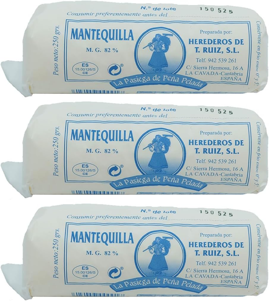 LA PASIEGA DE PEÑA PELADA Mantequilla Artesanal, PACK DE 3 Rulos de 250 gr (aprox) en Papel Sulfurizado, 82% Materia Grasa, Sabor Tradicional y Natural - Origen Cantabria