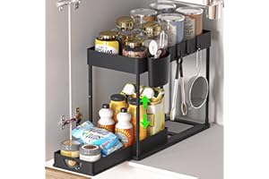 HI NINGER Organisateur sous evier Cuisine Rangement 2 étages,organisateur placard avec 4crochets et 1gobelet suspendu et 8 Coussinets antidérapants,organisateur
