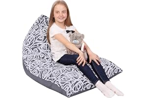 5 STARS UNITED Kids Bean Bag - COVER ONLY - Stuffed Animal Storage - Large Triangle Beanbag Chairs for Kids - 150+ Teddy Plush Toys Holder and Organiser for Girls - 100% Cotton Canvas - Grey Roses
