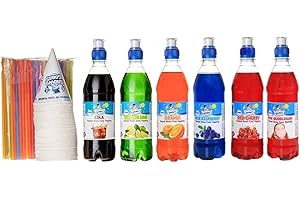 SNOWYCONES Large Snow Cone Kit, 6 x 500ml Flavours of Snow Cone Topping Sauce, 50 x 6oz Cones & 50 Spoon Straws