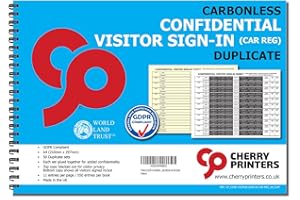 CHERRY PRINTERS Cherry Carbonless NCR GDPR Compliant Confidential Visitor Sign with CAR REG in Duplicate Wiro Book A4 50 Sets