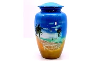 eSplanade Metal Cremation Urn Memorial Jar Pot Container | Full Size Urn for Funeral Ashes Burial | Sea Beach Printed Urn | Multicolor - 10" Inches