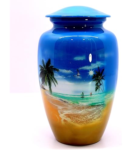ESplanade Metal Cremation Urn Memorial Jar Pot Container | Full Size U For Funeral Ashes Burial Sea Beach Printed Urn Multicolor 10 Inches