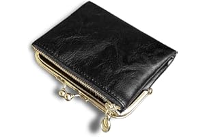 AOXONEL Womens Wallet Small RFID Ladies Compact Bifold Leather Vintage Coin Purse with Zipper and Kiss Lock (Black)