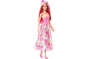 Barbie Royal-docka med rosa och blont fantasihår, tillbehör | Färgglada tillbehör, rosa ombreliv och kjol med fjärilstryck, H