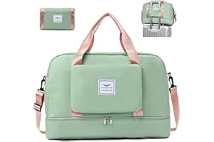 FIORETTO Foldable Weekend Bag Overnight Hospital Bag with Shoes Compartment & Wet Pocket, Water Resistant Gym Duffle Bag for Travel Holdall for Women Men Green&Pink