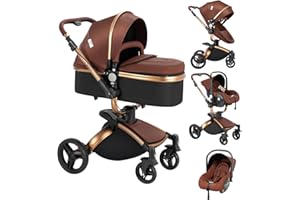 Nine point nine Cuir PU Poussette 3 en 1, Poussette Bebe avec Siège Convertible Rotatif à 360°, Poussette Canne avec Grande Nacelle Confortable, Pousette avec Cadre Aluminium Haute Paysage (906 Brown)