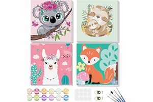 GHHKUD Paint by Numbers Kits for Children & Adults, 4 Pack Canvas Painting by Numbers Kit with Wooden Frame, Cartoon Kids Painting by Numbers, Acrylic Oil Kids Painting Sets for Children, 8x8inch