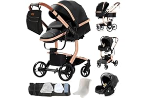 Sianldcone Pelle PU Passeggino 3 in 1 Trio Neonati, Tessuti di Alta Qualità Carrozzina per Neonato, Spinta Bidirezionale Passeggino Reversibile, Visione Aperta Passeggini Trolley (B518 Black)