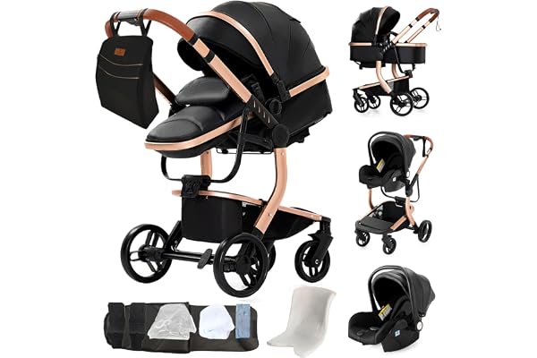 MoLi Cuir PU Poussette 3 en 1, Poussette Bebe avec Mode Double Poussée Réversible, Pousette 3 en 1 avec Nacelle Grande, Poussettes Trio Cadre en Alliage d'aluminium Pliable Haut Paysage (B518 Black)