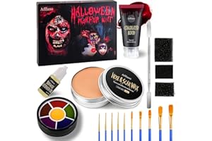 Maquillage Halloween Effets Spéciaux, Afflano Cire De Cicatrice 60g + Faux Sang+ Éponge à Pointillés + Spatule De Cire +Pétrole, Festival Étapethéâtral Cicatrice De La Plaie-Pour Peau Claire 12 Kits