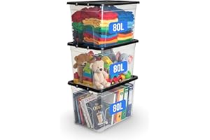 KAPCO 80L Plastic Storage Box with Black Lid (Pack of 3) | Large, Stackable, Strong, Durable Clear Box Containers for Home & Office | Multipurpose Storage Tubs | 57 x 40 x 40cm | 80 Litre - 3 Pack