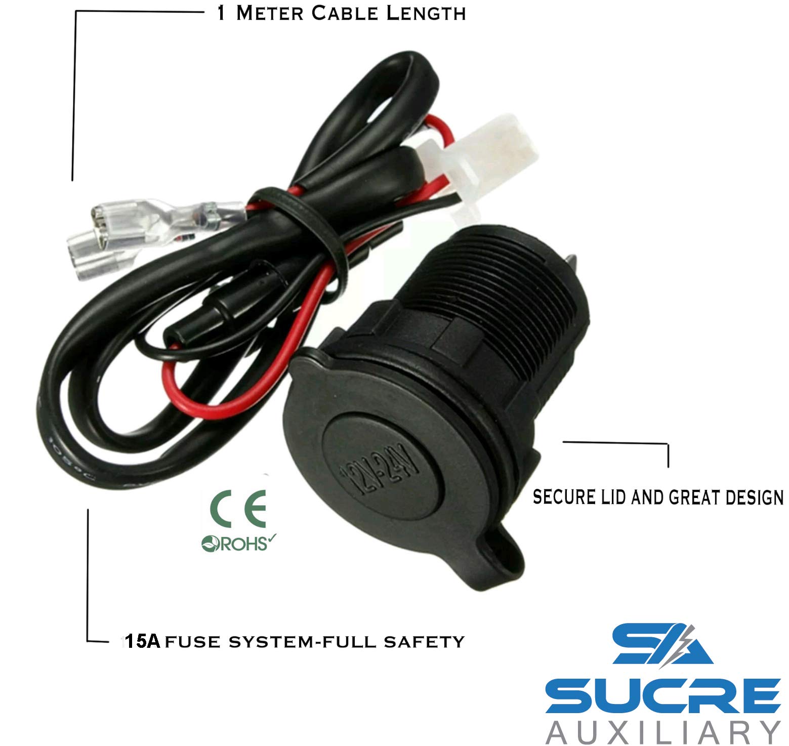 Prolunga Accendisigari Doppia Presa Con Interruttore — 30 Cm, 18AWG, Fusibile 15A, Per Auto, Barche, Moto