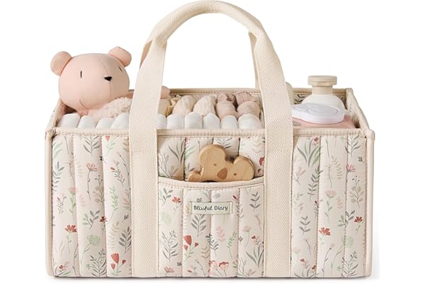 Blissful Diary Panier Rangement Bébé, Organiseur de couches pour Table à Langer, panier de rangement pour couches et lingettes pour bébé, cadeau pour fête prénatale, Fleurs Beiges