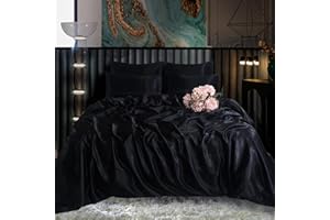 ROOEE Satin Silk Complete Bedding Set - 6 PCS - Fitted sheet, Duvet Cover, 4 Pillow Cases. Color - Black Size - King