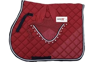 NASX Sports Luxury Saddle Pad with Matching Diamante Fly Veil Set Ear Bonnet Padded (FULL, RED)