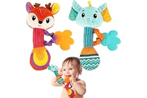 Funsland Sonajeros Juguetes con Mordedor para Bebe 3 6 9 12 Meses, 2 Piezas Sensoriales Sonajero Peluche Juguete para Bebé, Juguetes de Animales Suaves para Bebé, Regalos para Bebes 0+ Meses