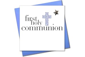 Claire Giles Greeting Cards, First Holy Communion Boy Card, Blue Cross design, Embellished with a shiny padded star