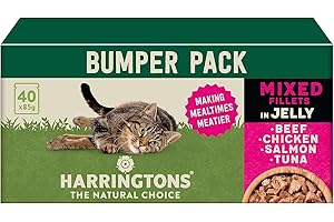 Harringtons Complete Wet Pouch Grain Free Hypoallergenic Adult Cat Food Mixed in Jelly Pack 40x85g - Beef, Chicken, Salmon & Tuna- Making Mealtimes Meatier