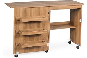 DREAMADE Table de Couture Pliante, Meuble Machine à Coudre en Bois avec 3 Étagères,Bureau Couture avec roulettes, 117X40X78CM (Brun Clair)