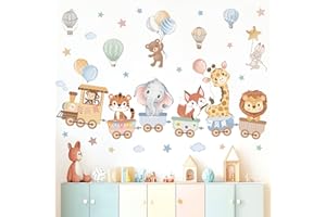 wondever Pegatinas de Pared Safari Animales Tren Adhesivos Pared Decorativos Globos Animales Elefante Jirafa Nube Estrella Vinilos Pared para Habitación Infantiles Niños Bebés Guardería
