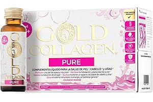 GOLD COLLAGEN Pure - Complemento Líquido de Colágeno Marino Hidrolizado para Cabello, Piel y Uñas Antiarrugas y Sistema Inmunológico con Vitamina C E B6 Ácido Hialurónico Biotina Zinc, 1 Caja 10x50 ml