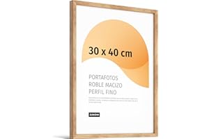 JUNOMI® Marco de fotos Premium de roble 30x40cm – Madera auténtica, cristal sintético inastillable, perfil estrecho, diseño minimalista, uso vertical u horizontal