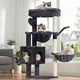 Heybly Cat Scratching Tree 100 cm High with Large Platform, Cave, 2 Hammocks, Toys and Tree for Climbing with Scratcher, Smok