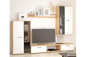 Furnix Mediawand Sarai Schrankwand Wohnwand Wandschrank Wohnzimmer 4-TLG Set TV Lowboard, Vitrine, Hängeregal und Wandregal Freistehend inkl. LED B240 x H180 x T40,2 cm Weiß Artisan