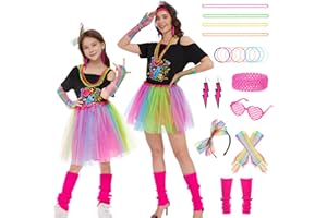 WELLCHY Disfraz Años 80 Mujer, 80 Años Disfraz Mujer Neón Accesorios con Camiseta Años 80 Mujer, Tutús, Pendientes de Neón, Ropa Años 80 Disfraz para Fiestas Carnaval Cosplay