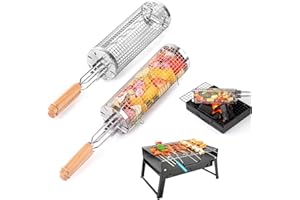 GIGMETA 2 cestini per barbecue Rolling con manici – Cestino cilindrico – cestino per barbecue in acciaio inox – accessorio per barbecue per barbecue da esterno – per patatine fritte, carne, pesce, gamberetti