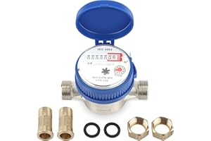 Telituny Compteur d'eau Flux Maison et Jardin, 15mm 1/2 pouce Compteur d'Éau Froide, Kit de Raccordement pour Compteur d'eau de Jardin, pour la maison, le jardin et un usage domestique