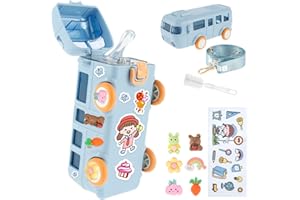 Caffney Bus Shape Water Cup with Straw Removable Bus Water Bottle with Shoulder Strap Leakproof Bus Bottle Cup Portable Kids Cartoon Water Bottle with Stickers Cleaning Brush Reusable for Boys Girls S