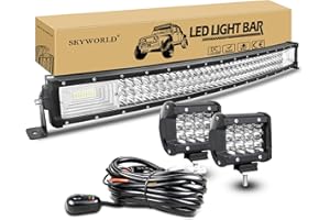 SKYWORLD 32 pouces 80 cm 405W Barre Led Incurvé avec faisceau de câblage kit et 2pcs 10 cm 36W Spot Phare de Travail Led Rampe Bar pour 4x4 Offroad Voiture Véhicule Camion Tracteur Quad Bateau