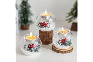 ‎HEWORY Teelichthalter Weihnachten Kerzenhalter Weihnachtsdeko Innen: Hewory 3 Stück Tischdeko Weihnachten Deko Teelichtgläser mit Roten Beeren Tannenzapfen für Tisch Dekoration