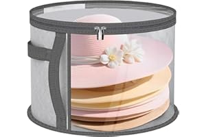 Febbya Scatola Cappelli,Portaoggetti per Cappelliera Rotonda Grigio Porta Cappelli per Pieghevole Tessuto con Coperchio e Zip Manico in Pelle Finestra Trasparente Scatola per Cappelli 42x42x26 cm