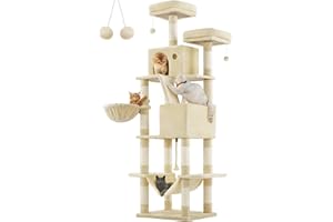 Feandrea Albero per Gatti, Alto 206 cm, Tiragraffi per Gatti Adulti, XXL, con 13 Graffiatoi, 2 Posatoi, 2 Grotte, Cesto, Pompon, in Peluche a più Livelli per Interno, Beige PCT190M01
