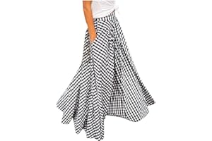 Sanahy Women Mopping Floor Length Big Hem Vintage Plaid Beach High Waist Maxi Skirt Party A-Line Big Hem Long Skirt with Pockets