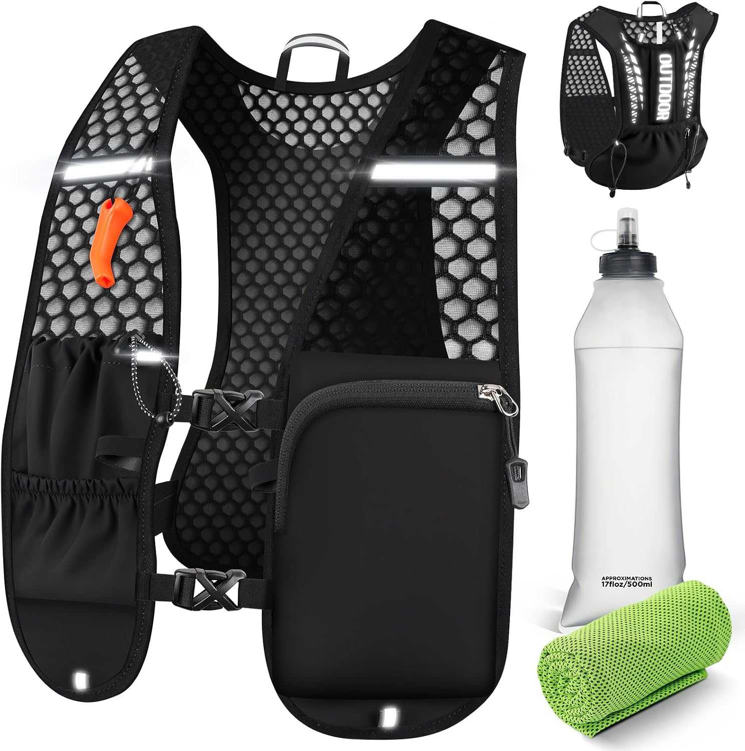 EFFILUMLUX Chaleco Running Hombre Mujer, Ultraligero 160g Mochila Running Botella Agua 500 ml, Chaleco Trail Running Ajustable Reflectante con Silbato y Bolsillos para Maratón Ciclismo Senderismo