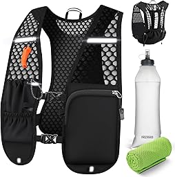 EFFILUMLUX Chaleco Running Hombre Mujer, Ultraligero 160g Mochila Running Botella Agua 500 ml, Chaleco Trail Running Ajustable Reflectante con Silbato y Bolsillos para Maratón Ciclismo Senderismo