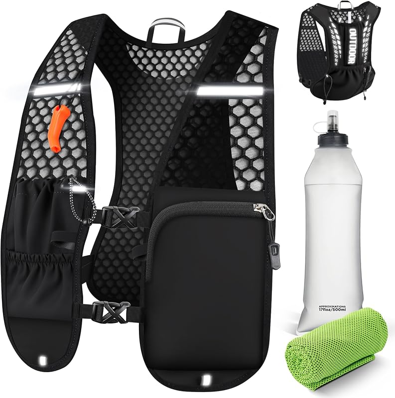 EFFILUMLUX Chaleco Running Hombre Mujer, Ultraligero 160g Mochila Running Botella Agua 500 ml, Chaleco Trail Running Ajustable Reflectante con Silbato y Bolsillos para Maratón Ciclismo Senderismo