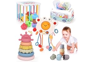 HOAROSALL Zabawka dla niemowląt Montessori 5 w 1 zabawki dla niemowląt w tym zabawka do ciągnięcia liny kraba, pudełko na chusteczki dla niemowląt, pudełko sensoryczne, zabawki do układania, kubki do układania
