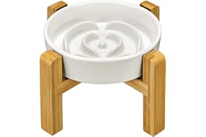 MOPANG Gamelle Anti Glouton pour Chats et Petits Chiens, Bols Surélevés en Céramique pour Slow-Feeder, 400ml, Blanc Ivoire