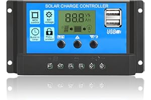 TEASTEAM Solar Charge Controller Panel 30A, 12V/24V PWM Auto Parameter Adjustable LCD Display Intelligent Regulator with Dual USB Port Timer Setting ON/Off Hours