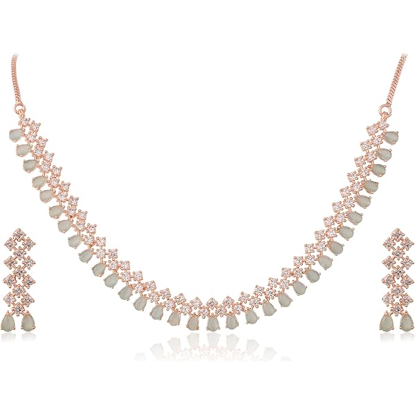 Ratnavali Jewels Cubic Zirconia Tennis Necklace Set RV87 - Gold Plated Solitaire Necklace & Earrings, Hypoallergenic, Gift Box - View #4